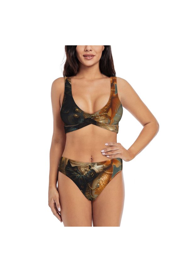 Cat Fish Dance Vintage Print Women’s Bikini Set,Two Piece Swimsuit Bathing Suits,Stylish High Elasticity Swimwear for Beach and Pool