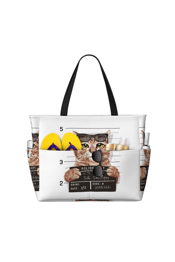 Cat Holding Mugshot Sign for Tote Bag with Adjustable Strap,Beach Bag, Waterproof Sandproof Beach Tote Bag, Large Capacity Foldable Beach Bags