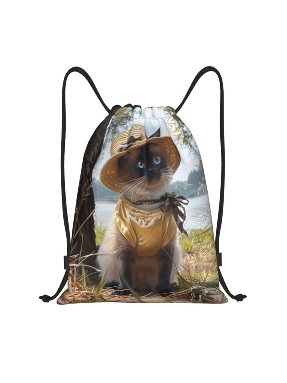 Cat In Sun Hat Print Drawstring Backpack,Drawstring Bags String Backpack Gym Cinch Sack Backpack Sport Bag Draw-Small