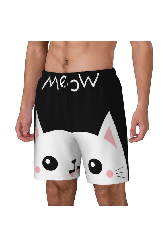Cat Meow Print Men's Swim Shorts,Mens Swim Trunks,Breathable Mesh Beach Shorts for Swimming,Surfing, and Beach Activities-Small