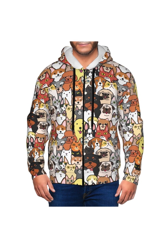 Cats & Dogs Group Print Hoodies for Men, Pullover & Full Zip, Breathable Zip up Hoodie, Sweatshirt-X-Large