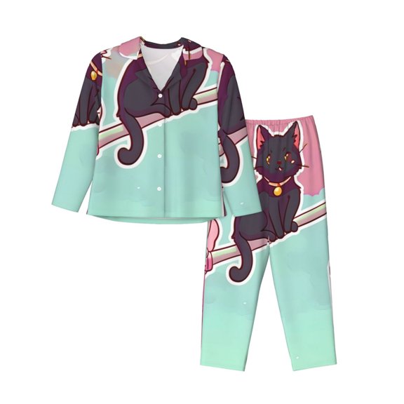 Honeii Cats On Broomstick Print Women's Pajama Sets Long Sleeve Button Down Sleepwear Nightwear Soft Pjs Lounge Sets 2PCS-XX-Large