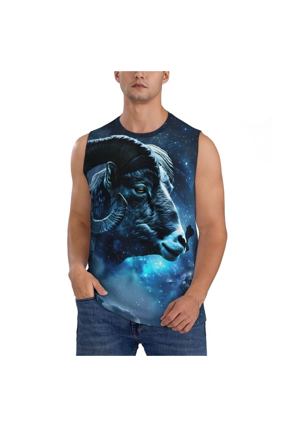 Celestial Ram Night Sky Print Men's Sleeveless Muscle Shirts, Breathable & Quick-Dry Gym Shirt, Athletic Tank Top for Running, Fitness, and Outdoor Activities-X-Large