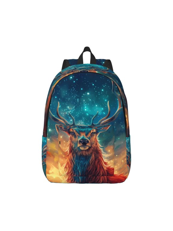 Celestial Stag Cosmic Glow Print Canvas College Laptop Backpack, Durable Rucksack Travel Notebook Bag School Backpack Book Bag for Men Women-Small