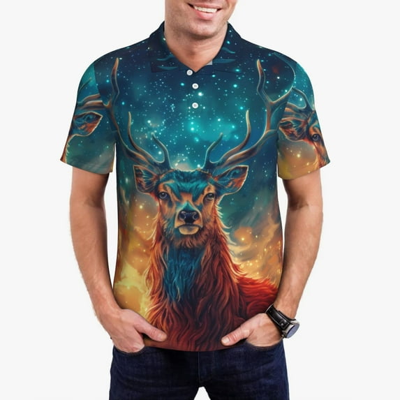 Honeii Celestial Stag Cosmic Glow Print Polo Shirt, A Classic Short-Sleeved, Button-Down Golf Shirt for Men,Mens Polo Shirts Short Sleeve-3X-Large