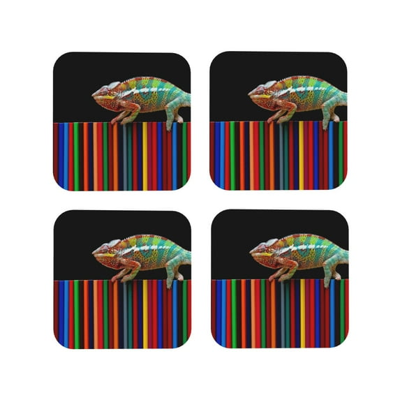 Honeii Chameleon Panther On Colored Pencils Print Leather Coaster Set of 4, Ideal for Safeguarding Your Furniture from Drinks Spills and Effortless Cleanup-Square