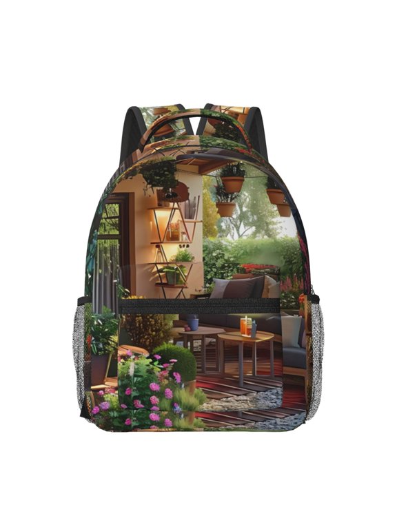 Charming Garden Patio Print Backpack for School,15.6 inch Laptop Back Pack for High School and College Students, Waterproof Computer Bookbag-One Size
