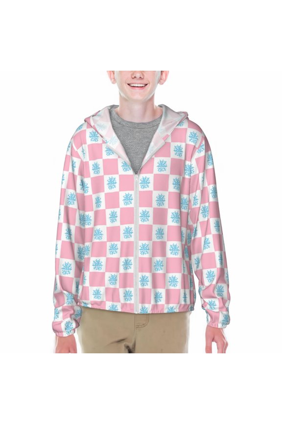 Checkerboard With Snowflake Print Sun Protection Jacket Hooded Cooling Shirt with Pockets Hiking Outdoor Performance-XX-Large