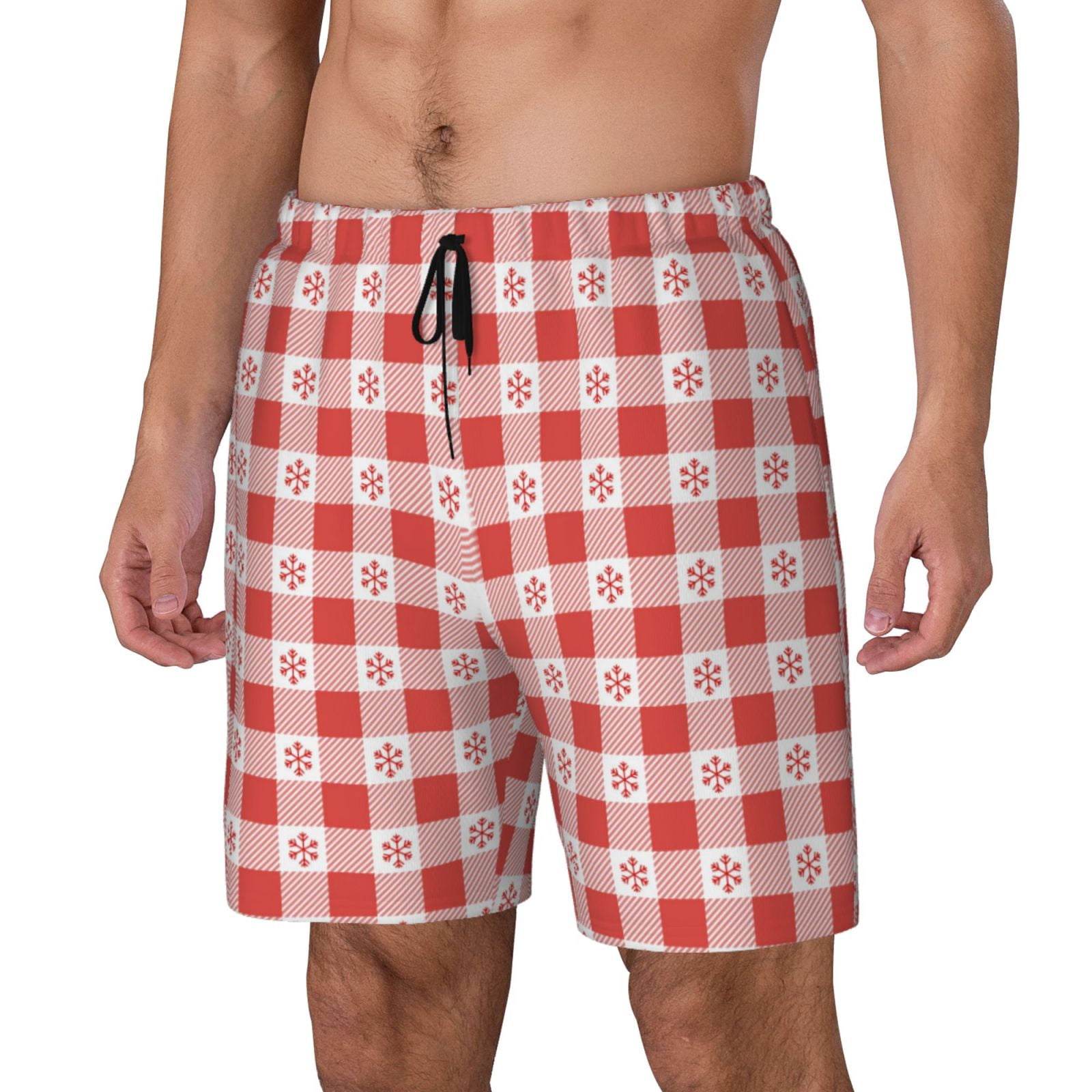 Honeii Checkered Christmas With Snowflakes Print Men's Swim Shorts,Mens