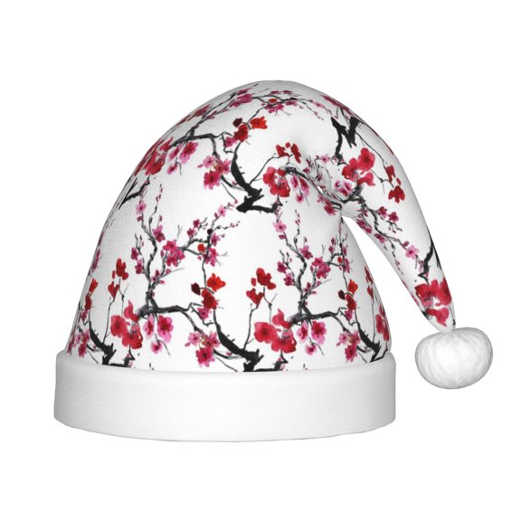 Honeii Cherry Blossoms Print Hat Santa Claus Hat For Xmas Party, Christmas Caps For Boys Girls Child,Christmas Beanie