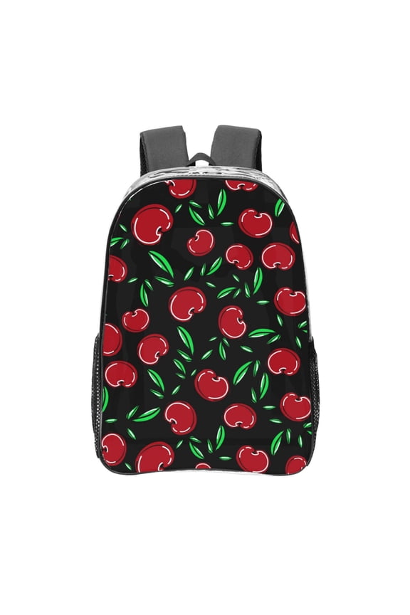 Cherry Print Clear Backpack Heavy Duty Transparent Bag 17" See Through BookBag for Women Men Adults Work Festival Sports Travel