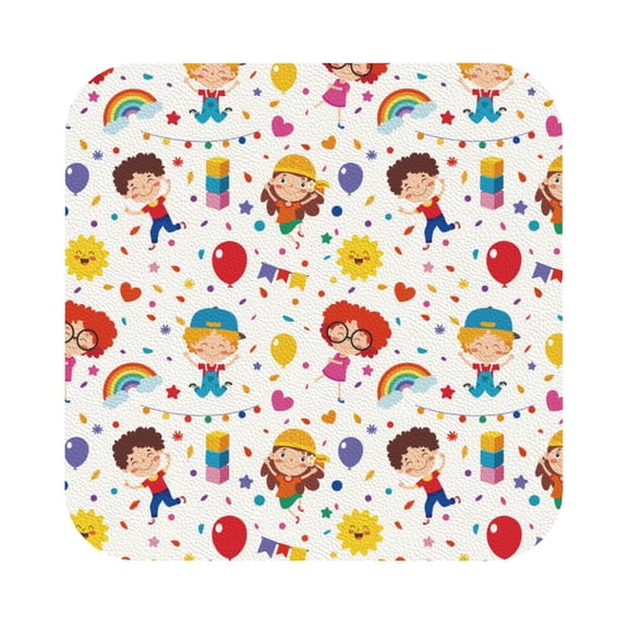 Honeii Childrens Party Print Leather Coaster Set of 6, Ideal for Safeguarding Your Furniture from Drinks Spills and Effortless Cleanup,Square