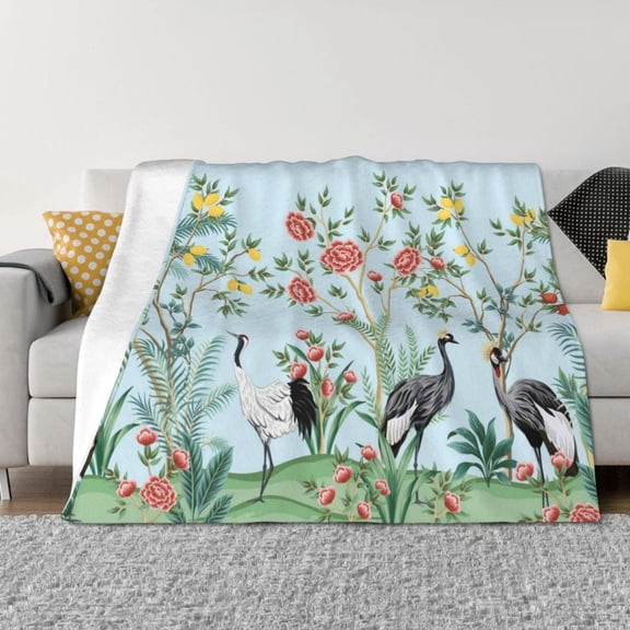 Honeii Chinoiserie Floral Palm Tree print throw blanket, crafted from cozy cotton flannel, offers versatile home decor as a bedding suitable for all seasons.-80"x60"