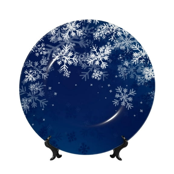 Honeii Christmas Blue Print Elegant Bone China Decorative Plate, Porcelain Plate,Art Crafts,Ceramic Ornaments for Home Office Wall Decor-6in