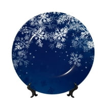 Honeii Christmas Blue Print Elegant Bone China Decorative Plate, Porcelain Plate,Art Crafts,Ceramic Ornaments for Home Office Wall Decor-6in