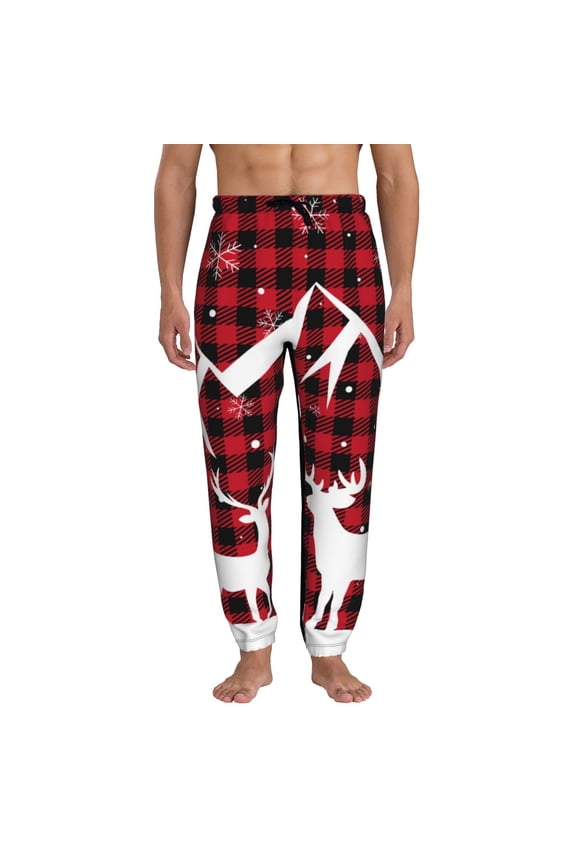 Christmas Buffalo Plaid Print Mens Jogger Sweatpants, Men's Lounge Pants with Pockets-