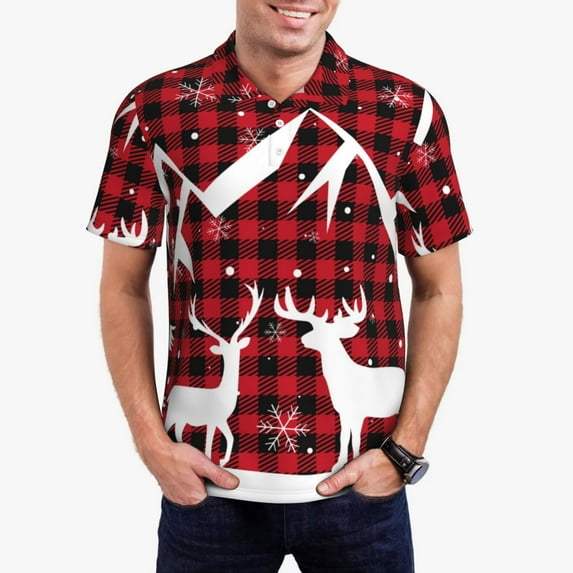 Honeii Christmas Buffalo Plaid print Polo Shirt, a classic short-sleeved, button-down golf shirt designed for menMedium