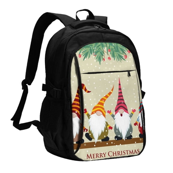 Honeii Christmas Card With Gnomes for Travel Laptop Backpack, Business Laptops Backpack with USB Charging Port, College High School Computer Bag for Men Women