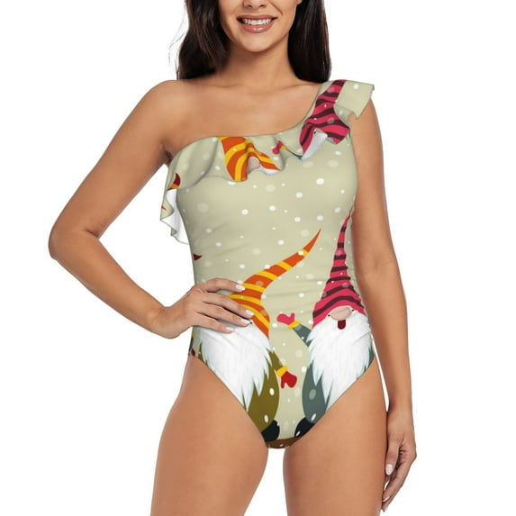 Honeii Christmas Card With Gnomes for women's one-piece swimsuit featuring a chic one-shoulder design experience elegance and style in the water-XX-Large