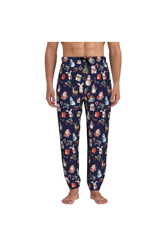 Christmas Critters Delight Print Mens Jogger Sweatpants, Men's Lounge Pants with Pockets-
