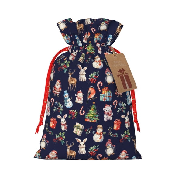 Honeii Christmas Critters Delight Print Small Burlap Bags,Christmas Drawstring Treat Bags Gift Bags Reusable Candy Goodie Wrapping Bags for Holiday Party Favors Supplies -Small