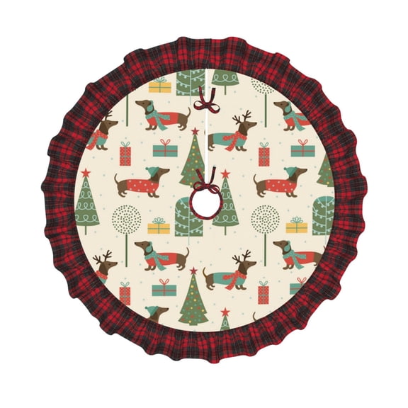 Honeii Christmas Dachshund Dog Pattern Christmas Tree Skirt, Christmas Ribbon Holly Winter Holiday Tree Mat Decoration-