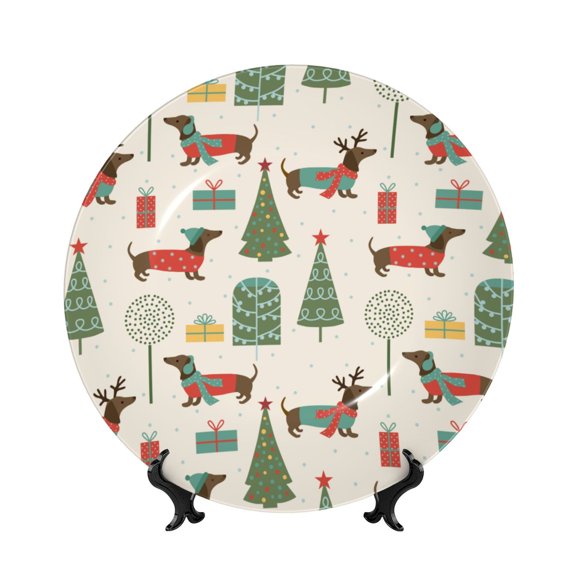 Honeii Christmas Dachshund Dog Print Elegant Bone China Decorative Plate, Porcelain Plate,Art Crafts,Ceramic Ornaments for Home Office Wall Decor-6in