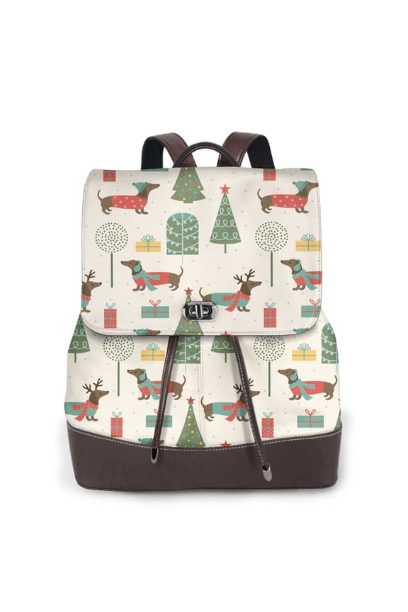 Christmas Dachshund Dog rint Leather Backpack,Trendy Leather Backpack,PU Leather Daypack, Ideal for Work, School, Nurse, College & Travel