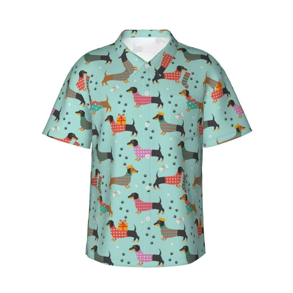 Honeii Christmas Dachshund Print Men’s Hawaiian Shirt,Classic Button-Down Short Sleeve Shirt, for Beach, Vacation, and Outdoor Activities,Small