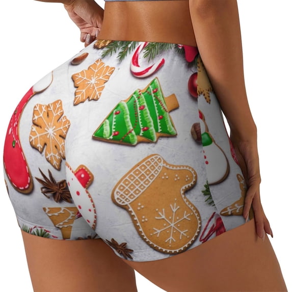 Honeii Christmas Gingerbread Cookies Print Women's Workout Shorts, Gym Shorts for Active Wear, Sports Shorts,Women's Running Shorts,Quick Dry Athletic Shorts-Small