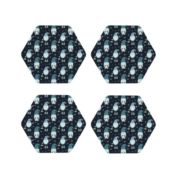 Honeii Christmas Gnome blue Print Leather Coaster Set of 4, Ideal for Safeguarding Your Furniture from Drinks Spills and Effortless Cleanup-Hexagon