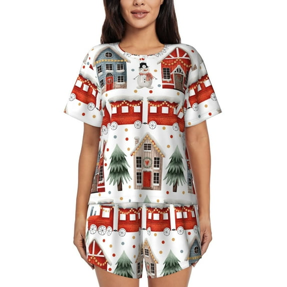 Honeii Christmas Houses for Women's Summer Pajama Set featuring Soft Short Sleeve Shirt & Matching Bottoms with Convenient Pockets for Relaxed Home Wear-Small
