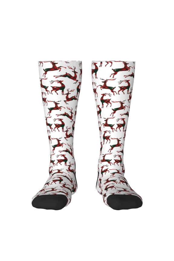 Christmas Plaid Moose Print Long Socks,Novelty Design Socks Gift for Men and Women,Crew Socks,Calf Socks