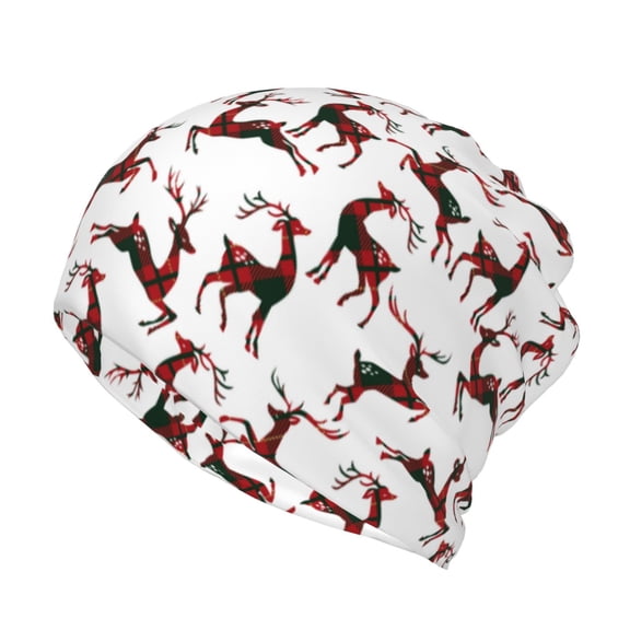 Honeii Christmas Plaid Moose Print Winter Beanie Daily Hat - Thermal Polar Fleece Ski Running Hat Skull Cap for Men and Women,Beanie