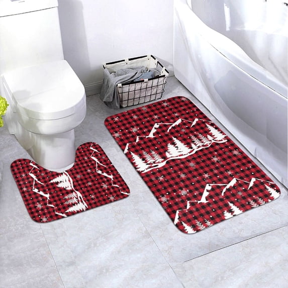 Honeii Christmas Tree Buffalo Plaid Pattern Bathroom Anti-Skid Pad Bathroom Mat Vintage Seamless Pattern Not-Slip Toilet Rug Set
