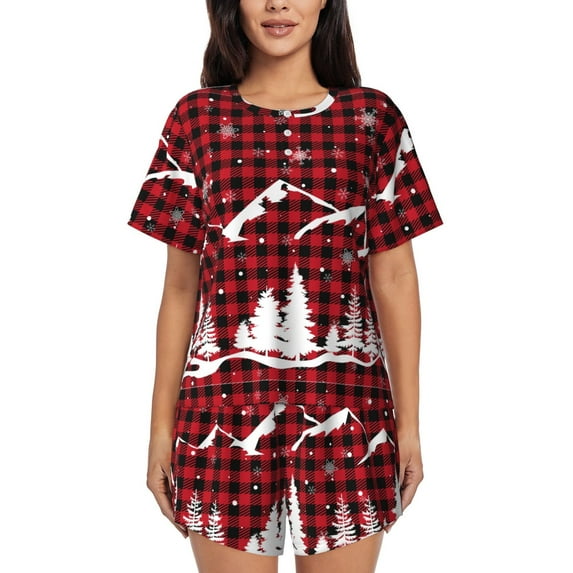 Honeii Christmas Tree Buffalo Plaid for Women's Summer Pajama Set featuring Soft Short Sleeve Shirt & Matching Bottoms with Convenient Pockets for Relaxed Home Wear-4X-Large