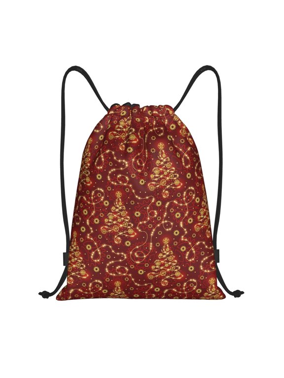Christmas Tree On A Red Background Print Drawstring Backpack,Drawstring Bags String Backpack Gym Cinch Sack Backpack Sport Bag Draw-Small