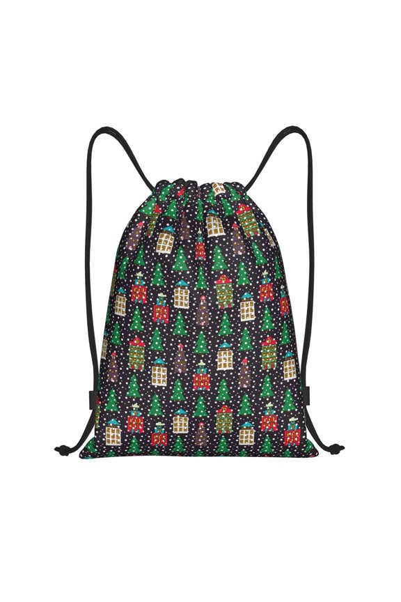 Christmas Trees And Houses Print Drawstring Backpack,Drawstring Bags String Backpack Gym Cinch Sack Backpack Sport Bag Draw-Medium