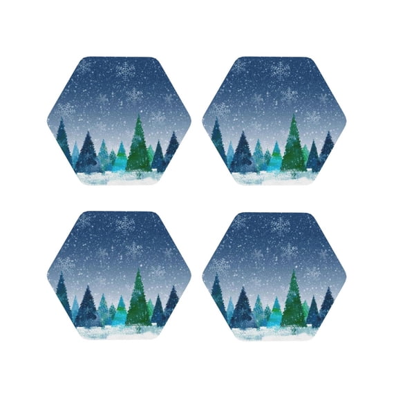 Honeii Christmas Trees print Leather Coaster Set of 4, ideal for safeguarding your furniture from drinks spills and effortless cleanup-Hexagon
