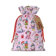 Honeii Christmas Unicorns Print Small Burlap Bags,Christmas Drawstring Treat Bags Gift Bags Reusable Candy Goodie Wrapping Bags for Holiday Party Favors Supplies -Small