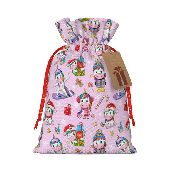 Honeii Christmas Unicorns Print Small Burlap Bags,Christmas Drawstring Treat Bags Gift Bags Reusable Candy Goodie Wrapping Bags for Holiday Party Favors Supplies -Small
