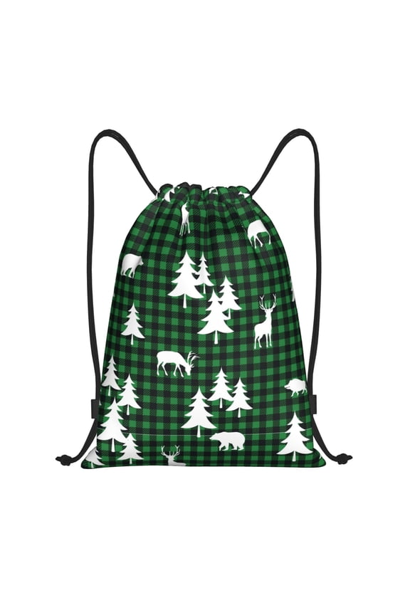 Christmas tree green plaid Print Drawstring Backpack,Drawstring Bags String Backpack Gym Cinch Sack Backpack Sport Bag Draw-Medium