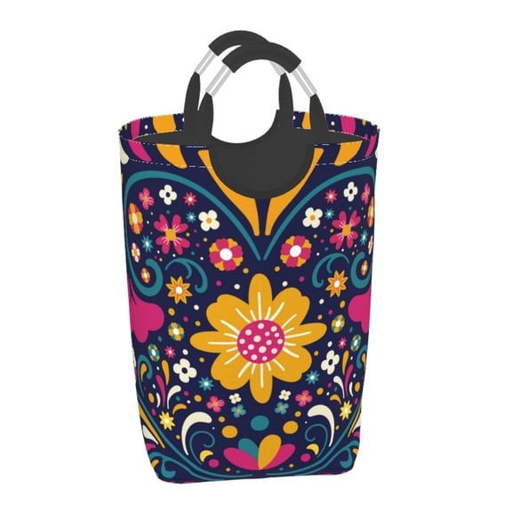 Honeii Cinco De Mayo Floral Print Laundry Hamper Collapsible Laundry Baskets, Freestanding Waterproof Clothes Hamper with Easy Carry Handles