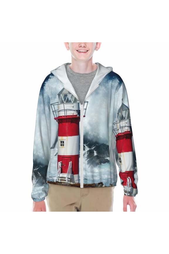Circular Lighthouse Print Sun Protection Jacket Hooded Cooling Shirt with Pockets Hiking Outdoor Performance-X-Large