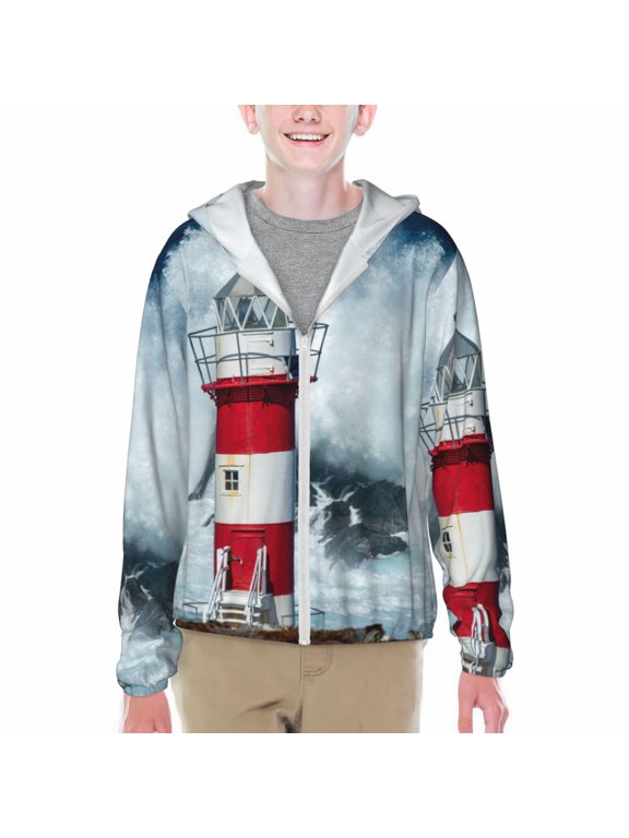 Circular Lighthouse Print Sun Protection Jacket Hooded Cooling Shirt with Pockets Hiking Outdoor Performance-X-Large