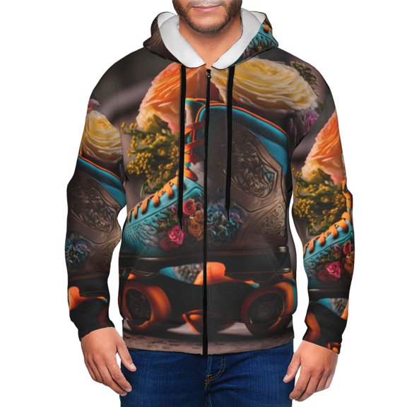 Honeii Classic Floral Blue Skate Shoes Print Hoodies for Men, Pullover & Full Zip, Breathable Zip up Hoodie, Sweatshirt-X-Large
