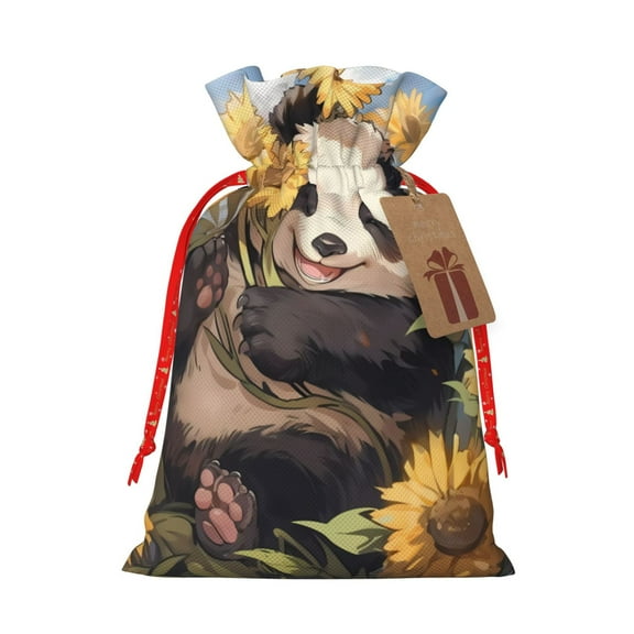 Honeii Clear Sky Cute Sunflower Panda Print Small Burlap Bags,Christmas Drawstring Treat Bags Gift Bags Reusable Candy Goodie Wrapping Bags for Holiday Party Favors Supplies -Small