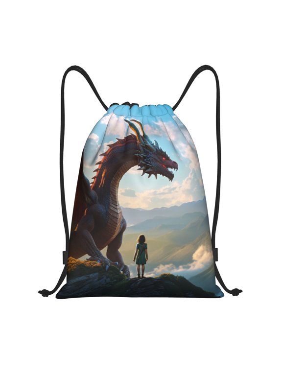Clear Sky Mountain Red Dragon Print Drawstring Backpack,Drawstring Bags String Backpack Gym Cinch Sack Backpack Sport Bag Draw-Medium
