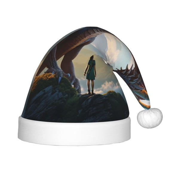 Honeii Clear Sky Mountain Red Dragon Print Hat Santa Claus Hat For Xmas Party, Christmas Caps For Boys Girls Child,Christmas Beanie