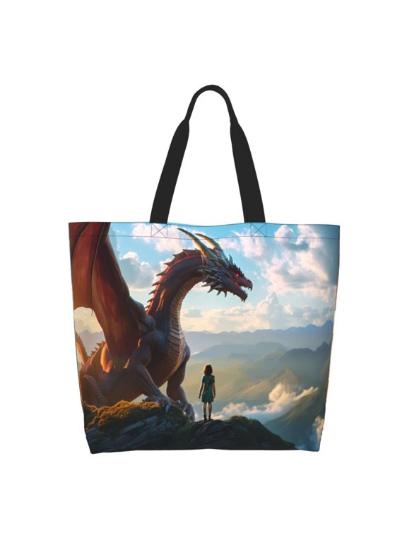 Clear Sky Mountain Red Dragon Print Tote Bag for Women, Foldable Tote Bag Large Shoulder Bag Top Handle Handbag for Travel, Work
